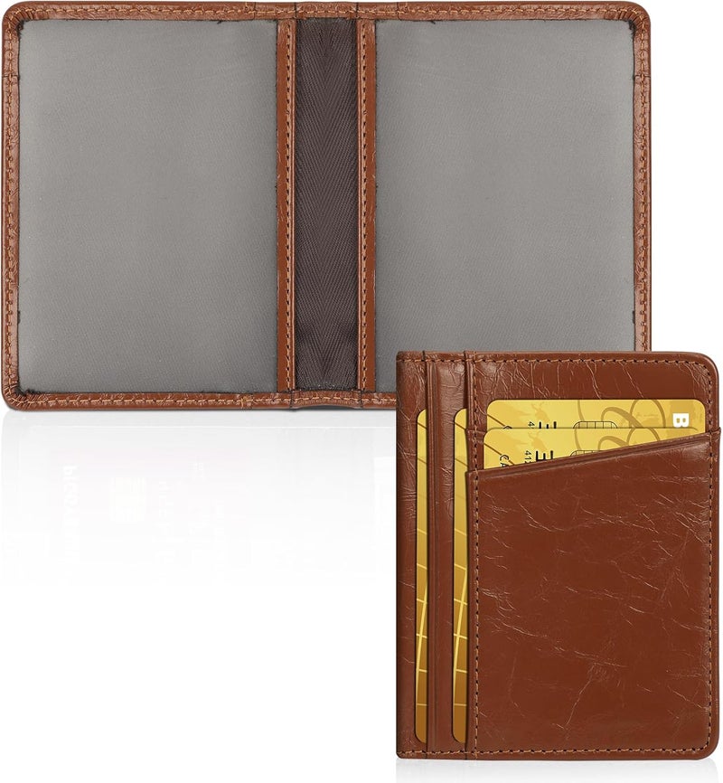 Unaone Slim Minimalist Wallet - Premium Leather Card Holder RFID Blocking Card Case with 8 Card Slots and 2 ID Window, Crackle Brown - Image 1